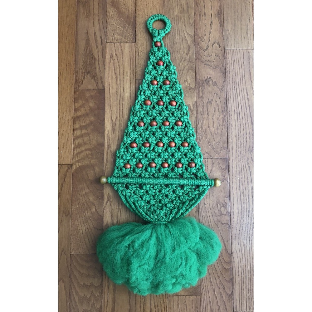 Vintage Macrame Christmas Tree Wall Hanging Boho 1970's Green w/ Red Beads 29"